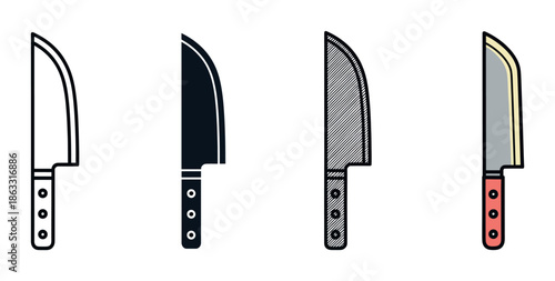 Set of four kitchen knife icons in different graphic styles including outline, silhouette, hatched, and color, representing a versatile culinary tool for cooking and food preparation
