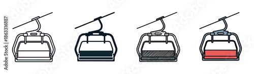 Set of four ski lift chair icons showing different design styles including line art, silhouette, hand-drawn sketch, and simple color for winter sports and resort themes