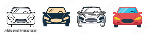 Set of four stylized car icons in different graphic design styles, including simple outline, flat color, and detailed cartoon for automotive and transport concepts