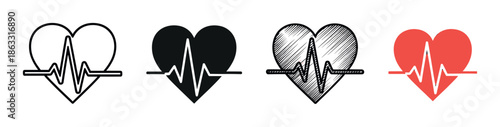 Set of four heart and heartbeat icons showing different styles including outline, silhouette, sketch, and flat red color for medical and health concepts
