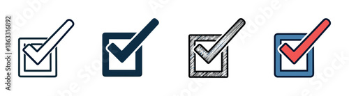 Collection of four different checkmark icons in various styles including line art, solid fill, hand-drawn sketch, and color for representing approval or completion