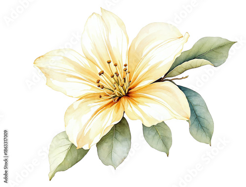 Watercolor illustration of a delicate light yellow flower with green leaves, single botanical artwork on a transparent background, soft floral design for spring and summer.