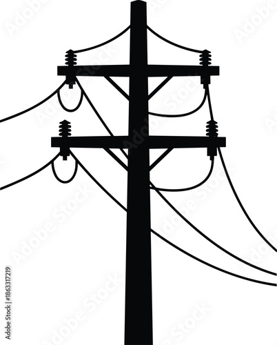 Electric utility power pole vector illustration with ceramic insulators and overhead distribution lines isolated on white background industrial infrastructure