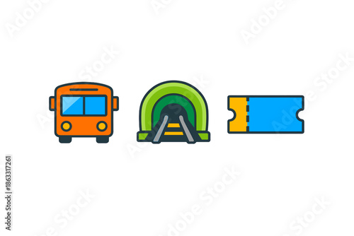 Collection of transportation icons: bus, tunnel, and ticket