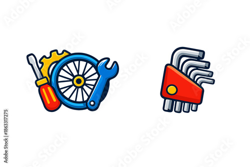 Set of bicycle repair tools with a gear, wheel, wrench, screwdriver, and hex keys