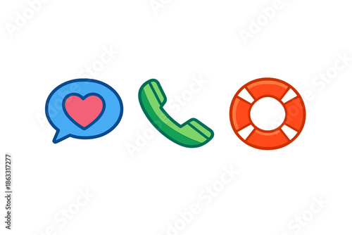 Set of icons: Heart in a speech bubble, telephone, and lifebuoy