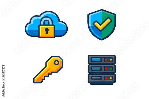 Set of four icons representing cloud security, data protection, access, and servers