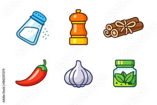 Six cartoon icons of spices and seasonings