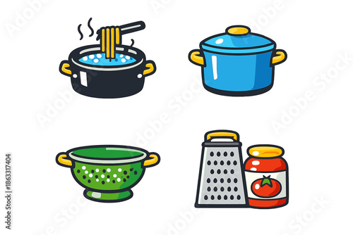 Kitchen icons: pasta pot, cooking pot, colander, and grater with tomato sauce