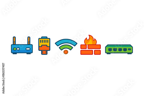 Network technology icons: router, cable, Wi-Fi, firewall, switch