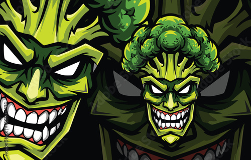 Aggressive Green Broccoli Character Mascot Showing Sharp Teeth and Evil Grin, Perfect for Esport Logos or Gaming Teams.