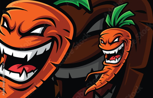 Creepy Carrot Mascot Design with Jagged Teeth and Sinister Expression, Suitable for Halloween or Edgy Food Branding.