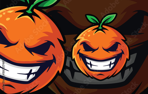 Fierce Orange Fruit Mascot with Big Grin and Glowing Eyes, Designed for T-shirts, Juices, or Sport Team Emblems.