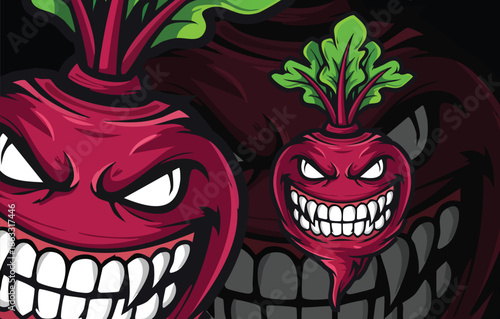 Intense Red Beetroot Mascot Character with Exaggerated Teeth and Angry Face, Dynamic Vector Illustration for Sport.