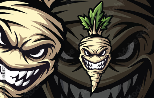 Terrifying White Parsnip or Root Vegetable Mascot Illustration with Extreme Aggression and Vicious Expression.