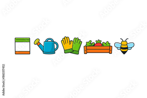 Gardening tools and produce with bee icon