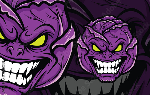 Evil Purple Cabbage Mascot Design with Glowing Yellow Eyes and Massive Grin, Ideal for Edgy Merchandising and Apparel.