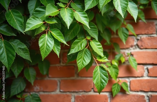 Green actinidia leaves grow on textured red brick wall. Vine foliage creates natural pattern against weathered blocks. Fresh plant life adds color to exterior architecture. Copy space is available.