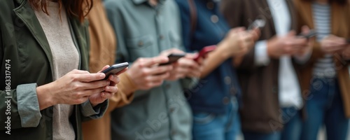 Group of people looking at phones. Friends gather using cell phones, sharing online content. Adults hold mobile devices, connected digitally, ignoring each other.