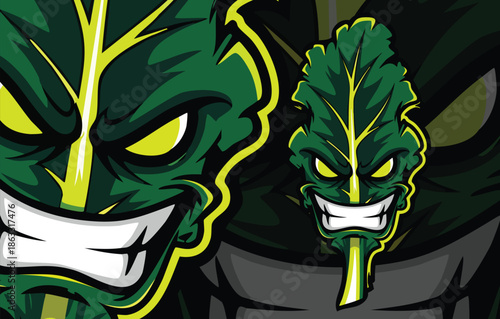 Aggressive Green Leafy Vegetable Mascot, possibly Kale or Chard, with Neon Outline and Vicious Stare for E-sports.