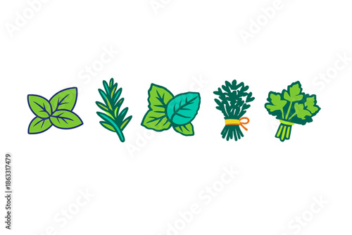 Green neon herbs and spices icons on dark background
