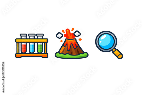 Science icons: test tubes, volcano, and magnifying glass