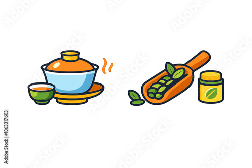 Tea ceremony set and ingredients icon