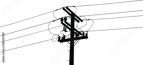 Electric utility distribution pole vector illustration with insulators and overhead power lines isolated on white background industrial electricity infrastructure