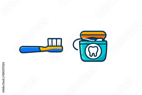 Toothbrush and dental floss icon on grey background
