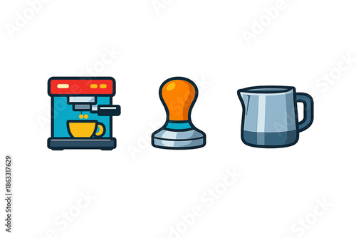 Espresso machine, tamper, and milk pitcher icons