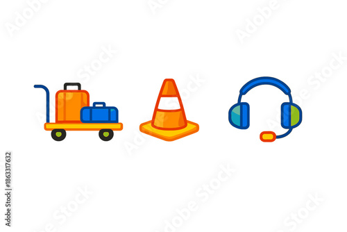 Three neon icons on a gray background representing luggage, construction, and communication