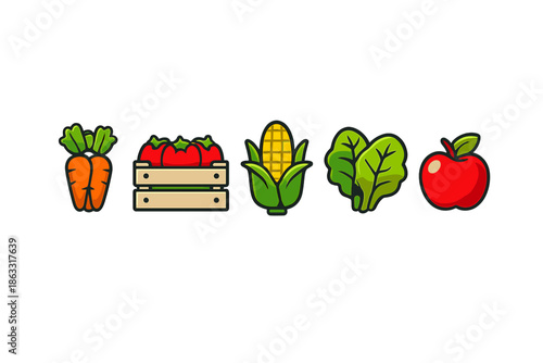 Set of colorful flat icons representing fresh produce