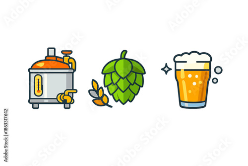 Beer brewing ingredients and final product icons