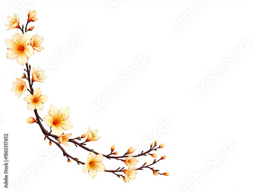Elegant corner frame with delicate light orange and yellow blossoms on a branch, surrounded by abstract white swirling lines and a dark background.