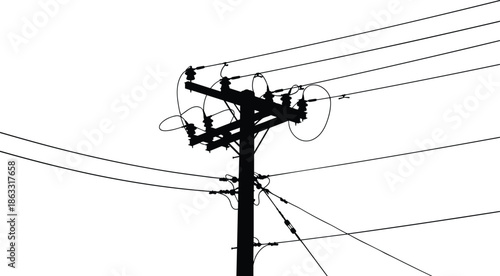 Electric utility power pole vector illustration with overhead cables isolated on white background industrial electricity distribution silhouette infrastructure design
