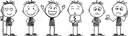 Emotions of cartoon pencil figures. Simple hand-drawn characters show different states: love, happiness, excitement, a kiss with a broken heart, sadness, disappointment