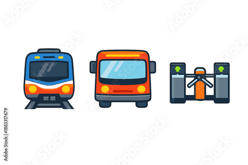 Public Transportation Icons: Train, Bus, and Turnstile