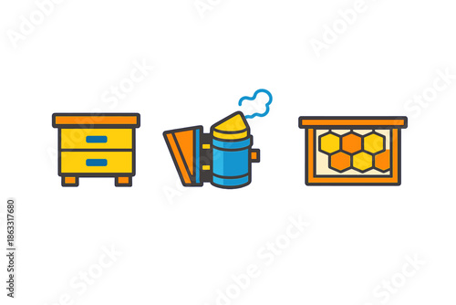 Beekeeping Icons with Yellow and Blue Colors