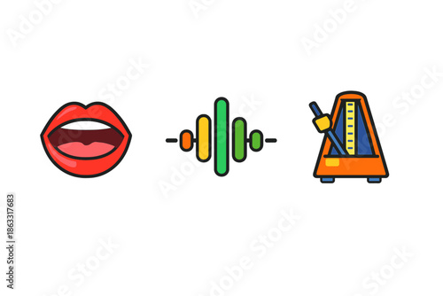 Three Icons: Mouth, Sound Wave, Metronome