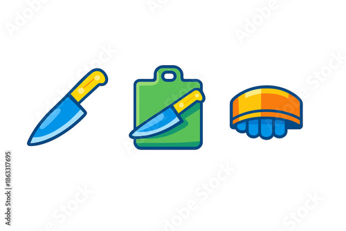Kitchen icons: knife, cutting board, and sushi