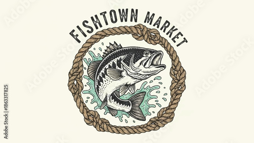 Vintage Fishtown Market Logo with Sea Bass Jumping through Rope Circle and Water Splash