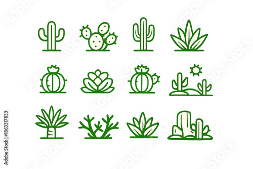 Set of cactus and desert plant icons