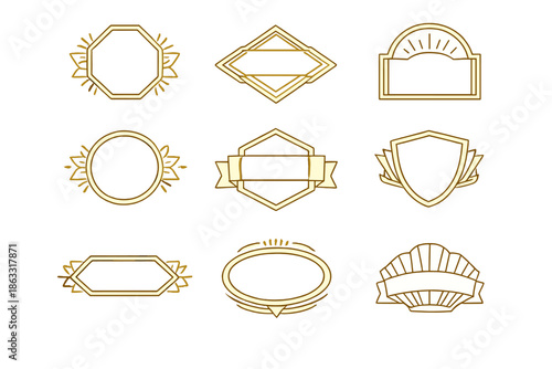 Collection of golden decorative frames and badges