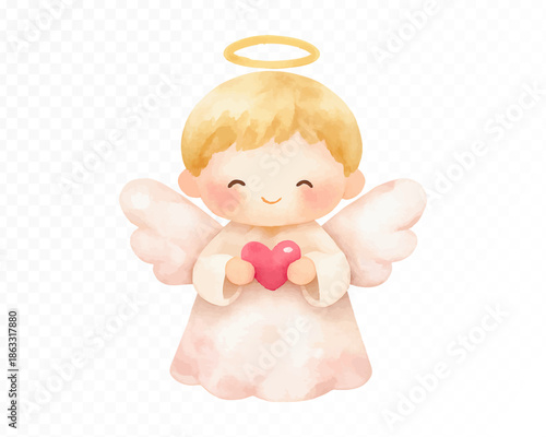 Smiling cute angel child holding pink heart with soft pastel wings and glowing halo, gentle watercolor inspired character expressing love, kindness and innocence isolated on transparent background