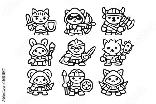 Cute Cartoon Fantasy Warriors Characters Set