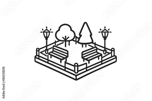 Isometric Park Icon with Trees and Benches
