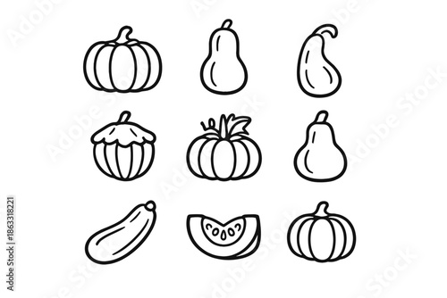 Set of 9 Hand-Drawn Autumn Vegetables Icons
