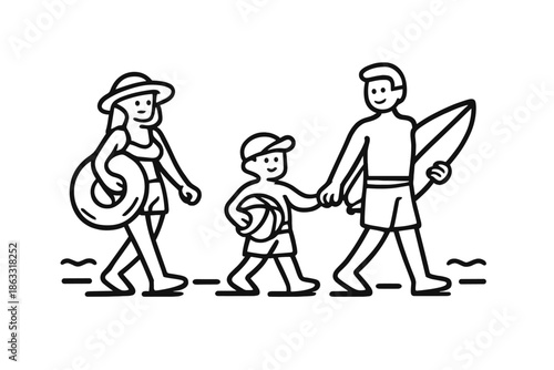 Family walking to the beach with surfboard and inflatable ring