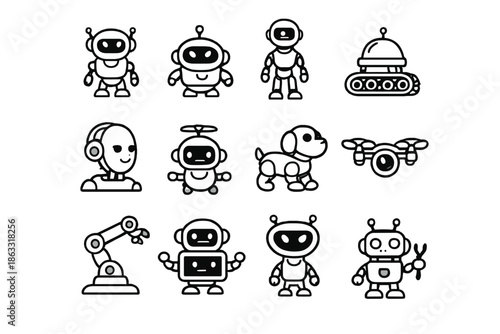 Collection of cute robot characters in a clean, outline style