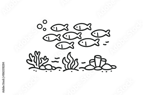 Stylized school of fish swimming above coral reef elements